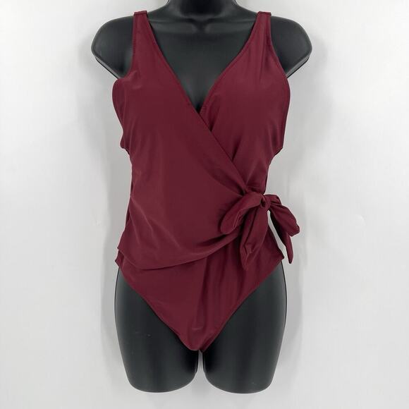 Cupshe Elegant Dance Solid One Piece Swimsuit Burgundy Red Side Tie Size Medium - Picture 3 of 10